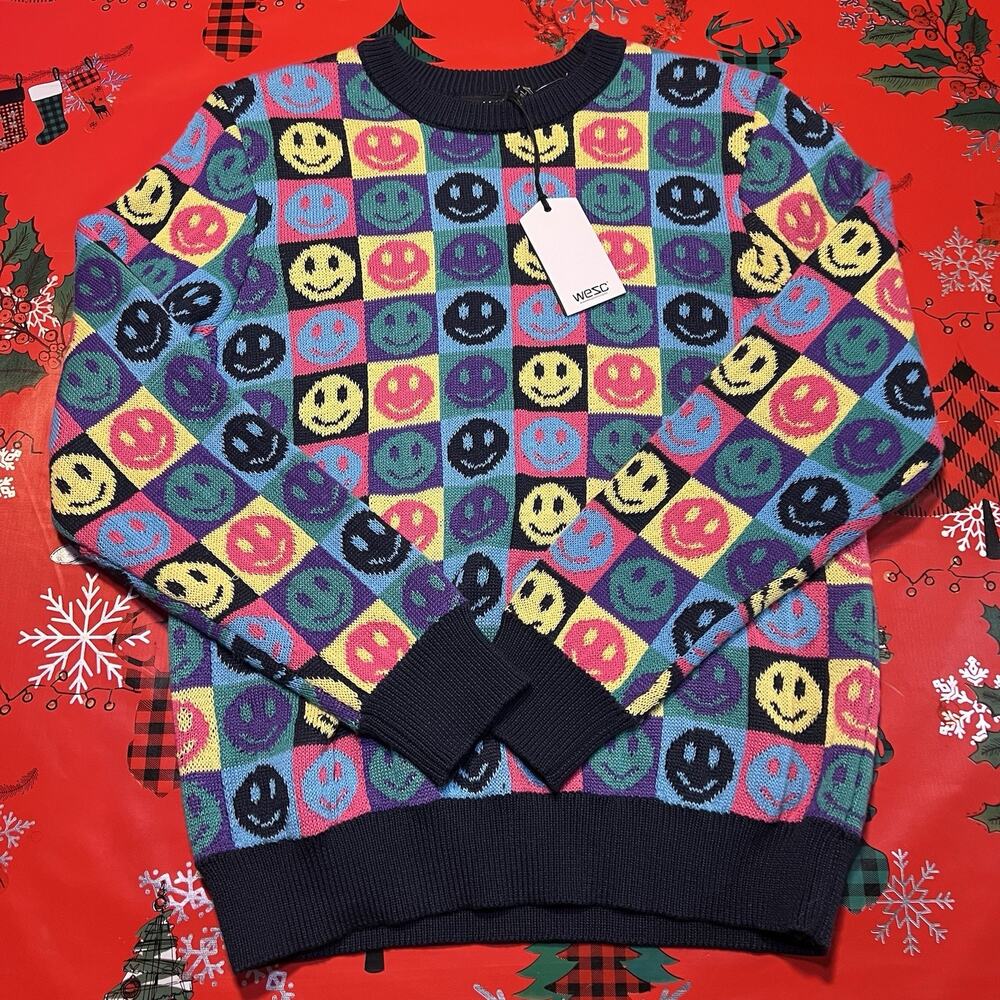 WESC Leon Pop Smiley Face Sweater Parisan Nights Sweden Unisex M/ L Multi